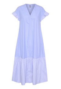 Light blue striped dress with a V-neck, short ruffled sleeves, and a tiered ruffle hem. Made of smooth fabric, features vertical stripes.