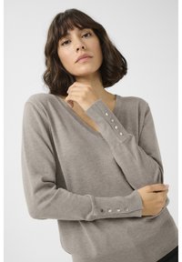 Maglione taupe a V con maniche lunghe, caratterizzato da dettagli a bottone al polsino, tessuto liscio e vestibilità comoda.