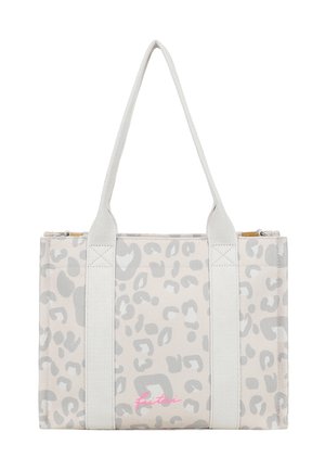 Beige Tragetasche mit hellgrauen Leopardenflecken, zwei breiten Stoffgriffen und pinkem, kursivem "fuitei"-Logo auf der Vorderseite.