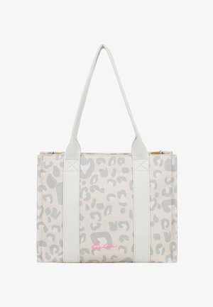 Beige tote bag with light gray leopard spots, two wide fabric handles, and pink cursive "fuitei" logo on front.