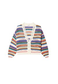 Häkel-Cardigan in Creme mit mehrfarbigen horizontalen Streifen. Lockerer Schnitt mit tiefem V-Ausschnitt und gerippten Bündchen. Auffällige Textur und offenes Gewebe.