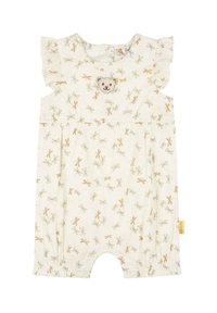 Leichtes Creme-Romper mit gerafften Schulterträgern und einem Bären-Patch. Verfügt über ein florales Muster in Orange und Grün und hat Druckknopfverschlüsse.