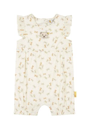 Romper leggero in crema con spalline arricciate e una toppa a forma di orso. Presenta una stampa floreale in arancione e verde, con chiusure a scatto.
