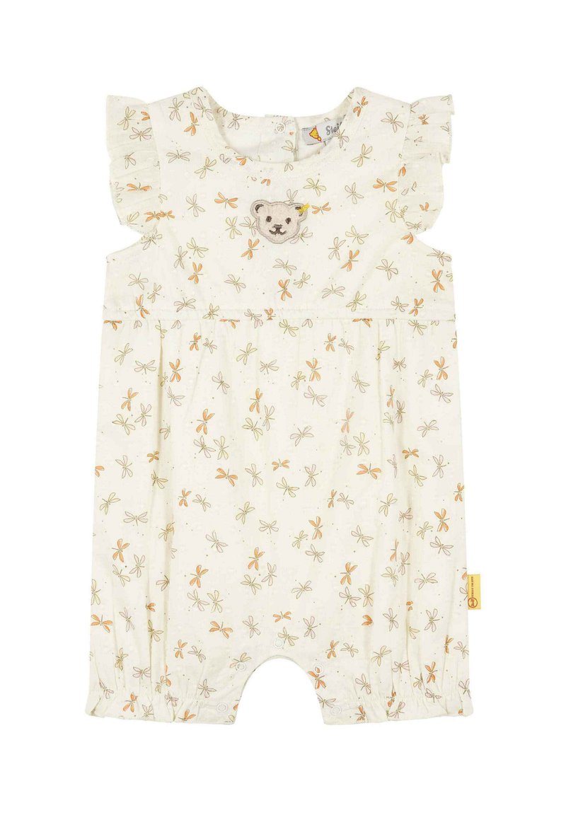 Leichtes Creme-Romper mit gerafften Schulterträgern und einem Bären-Patch. Verfügt über ein florales Muster in Orange und Grün und hat Druckknopfverschlüsse.
