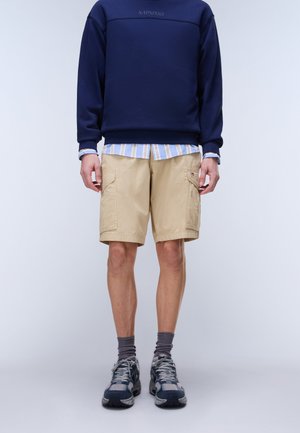 Homme portant un short cargo beige, une chemise rayée, un sweat-shirt bleu marine, des chaussettes grises et des baskets bleu-gris, debout devant un fond uni.