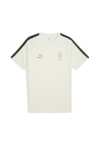 Hvid kortærmet Puma sportstrøje med grønne mønstrede striber på skuldrene, guld Puma-logo, "KING" tekst og et "125 Jahre" Borussia Mönchengladbach emblem.