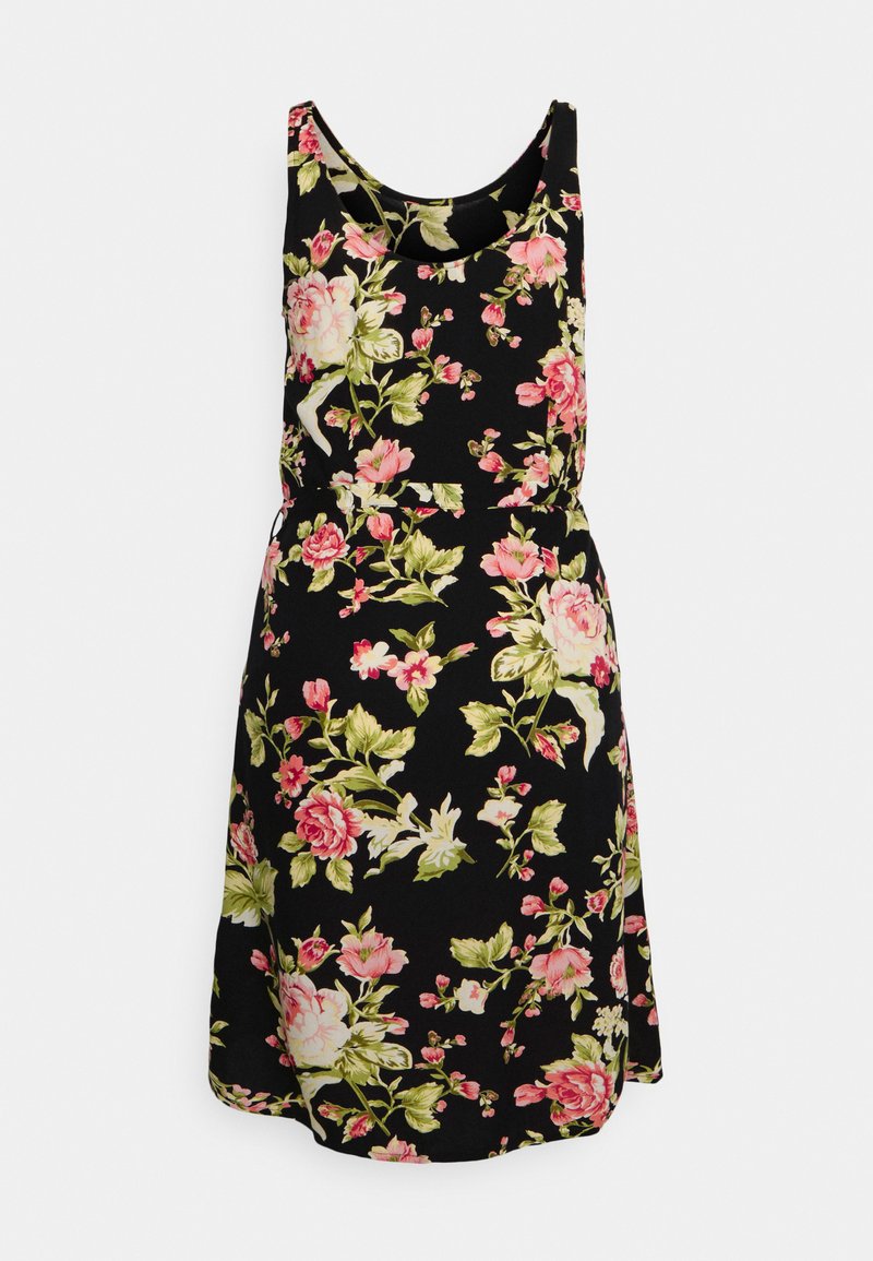 Vestido preto com padrões de rosas em rosa e verde, design sem mangas, decote redondo e corte solto na cintura e na bainha.