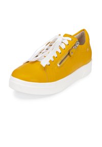 Yellow leather sneaker with white laces, side zipper detail, white rubber sole, smooth texture, and subtle embossed pattern.