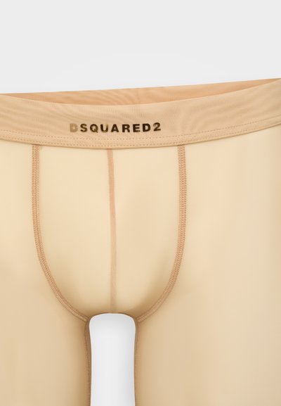 Beige Herrenunterhosen mit enger Passform, glatter Textur und einem goldenen "DSQUARED2"-Logo auf dem elastischen Bund.