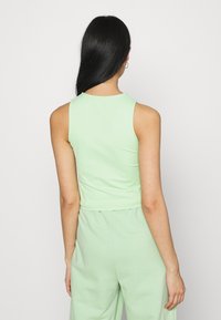 Un crop top sans manches de couleur vert clair, fabriqué dans un tissu doux, avec un décolleté rond et une coupe ajustée à la taille.