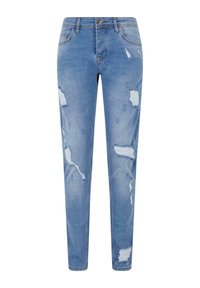 Helebeež denim teksad, mis on slim fit mudel, koos kulunud detailide ja mitmete rebenditega ning klassikaline viie taskuga disain metalldetailidega.