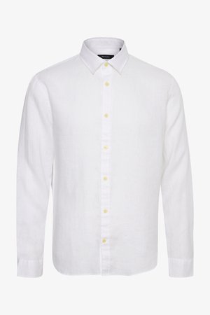 Balta lina krekla ar pogām, ar apkakles dekoltē, dzeltenām pogām, garām piedurknēm un brīvu piegriezumu. Gluda tekstūra un vienkāršs dizains.