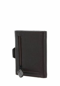 Brown leather wallet with a zippered coin pocket, rectangular shape, textured surface, and contrasting stitching details.