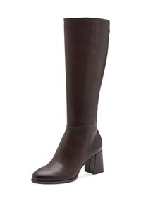 Brown leather knee-high boots with a square toe and a block heel. Smooth texture with a simple design and no visible hardware.