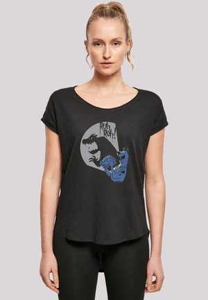 Black short-sleeve t-shirt with a round neckline. Features a colorful graphic of a blue character and a dinosaur with the text "Ruh Roh!"