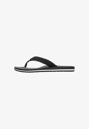 Black flip-flop sandals with rubber straps, textured footbed, and a smooth sole featuring a white accent stripe. Lightweight design.