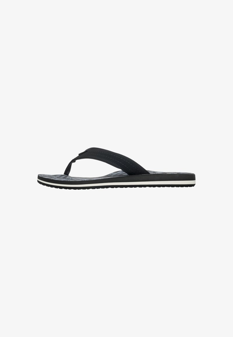 Black flip-flop sandals with rubber straps, textured footbed, and a smooth sole featuring a white accent stripe. Lightweight design.
