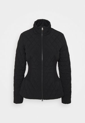Black quilted jacket with high collar, long sleeves, fitted waist, and front zipper closure.