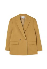Blazer mostaza de doble botonadura con solapas en pico, dos bolsillos frontales y botones marrones. Fabricado en una tela suave y ligera.