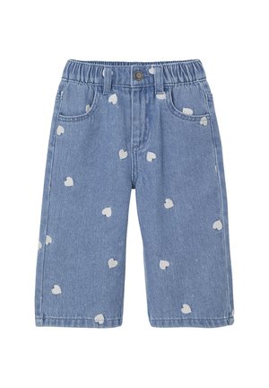 Hellblaue Denim-Shorts mit einem elastischen Bund, versehen mit weißen herzförmigen Mustern, Fünf-Taschen-Design und geradem Schnitt.