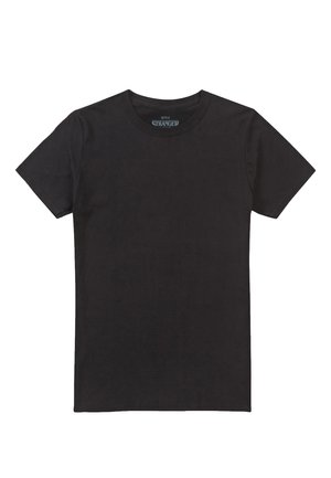 Black cotton short-sleeve t-shirt with a round neckline. Features a small "Stranger Things" logo printed on the neckline interior.