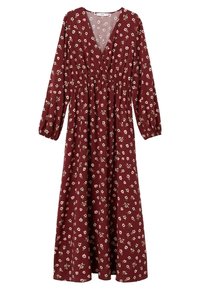 Dlouhé vínové květované šaty s hlubokým výstřihem do V, nařaseným pasem a dlouhými rukávy. Vzor květin v krémových a růžových tónech.