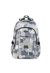 Grijze en witte rugzak met een herhalend kattenpatroon, meerdere compartimenten, verstelbare schouderbanden en een bovenhandgreep.