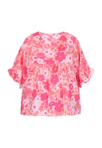 Blusa floreale rosa, con maniche corte a volant, scollatura rotonda e vestibilità ampia. Realizzata in tessuto leggero con una stampa floreale vivace.