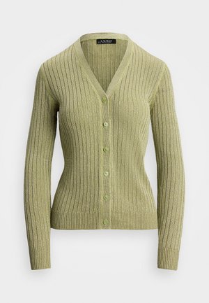 Svijetlozelena rebrasta cardiganica s V-izrezom i šest odgovarajućih gumba. Prilagođen kroj s dugim rukavima i teksturiranim materijalom.