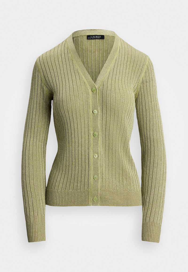 Cardigan verde claro de canalé con escote en V y seis botones a juego. Diseño ajustado con mangas largas y tejido texturizado.