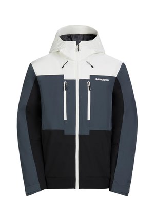 Herrenjacke mit Farbblockierung in Weiß, Grau und Schwarz. Hergestellt aus weichem Material mit Kapuze, Fronttaschen und Reißverschluss.