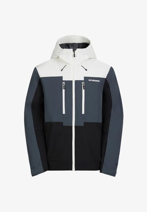 Męska kurtka w kolorowe bloki w kolorze białym, szarym i czarnym. Wykonana z miękkiego materiału, z kapturem, przednimi kieszeniami i zapięciem na zamek.