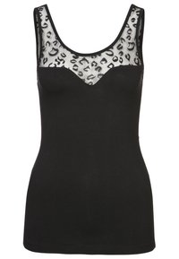 Top de tirantes negro fabricado en tela suave, con una parte superior de malla transparente con un estampado de leopardo. Cuello redondeado y diseño ajustado.