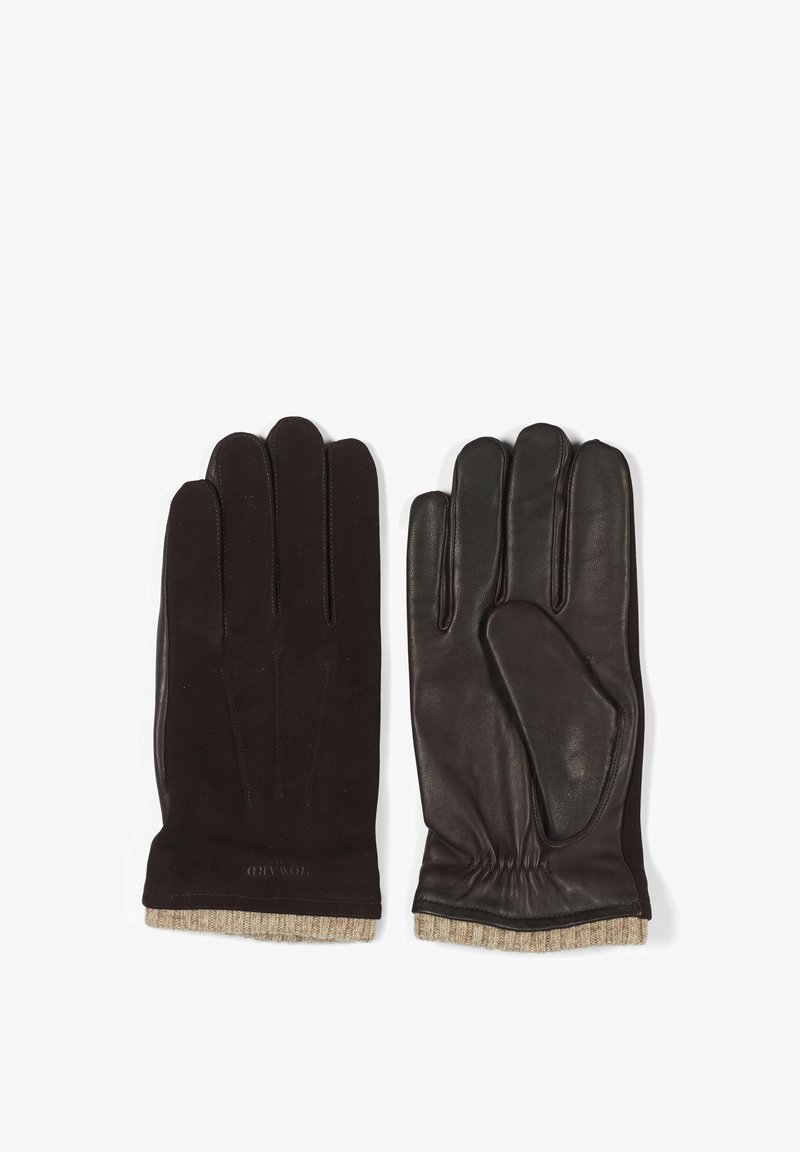 Mørkebrun lærhansker med en glatt tekstur, som har fem fingre, en strikket mansjett rundt håndleddet, og synlig søm på baksiden.