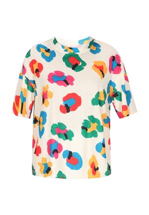 Kortærmet, løst siddende t-shirt i beige med livlige, abstrakte flerfarvede mønstre. Rund halsudskæring og blød bomulds kvalitet.