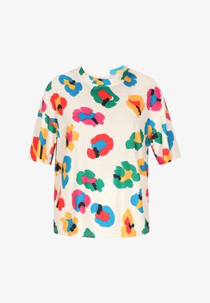 Kortærmet, løst siddende t-shirt i beige med livlige, abstrakte flerfarvede mønstre. Rund halsudskæring og blød bomulds kvalitet.