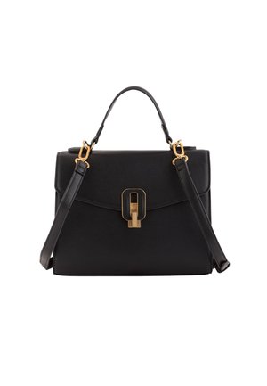 Bolso de cuero negro con forma estructurada, cierre de hardware dorado, asa superior y correa de hombro desmontable. Detalle de superficie texturizada.