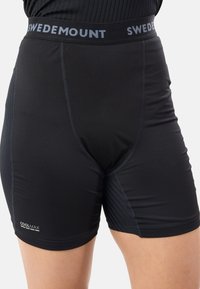 Black athletic shorts featuring a Coolmax tag, ribbed waistband with "SWEDEMOUNT," and textured side panels for added detail and comfort.