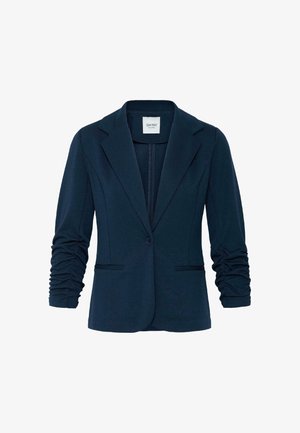 Marineblå tettsittende blazer med knappelukking, hakkede slag, rynkede lange ermer og to frontlommer.