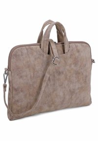 Beige Leder-Laptoptasche mit zwei oberen Griffen, abnehmbarem Schultergurt und Reißverschluss. Verfügt über eine glatte Textur und rechteckige Form.