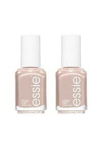 Deux flacons de vernis à ongles en verre avec des bouchons blancs, contenant une teinte beige nude, étiquetés "essie" avec des détails sur le produit en texte blanc.