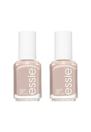 Deux flacons de vernis à ongles en verre avec des bouchons blancs, contenant une teinte beige nude, étiquetés "essie" avec des détails sur le produit en texte blanc.