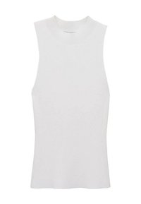 Top bianco senza maniche, a coste, con scollatura alta e design aderente, realizzato in un morbido tessuto testurizzato.