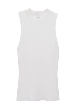 White sleeveless ribbed top with a high neckline and fitted design, made from a soft, textured fabric.