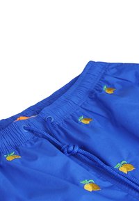 Shorts da mare blu con motivi di frutta gialla ricamati, cintura elastica con coulisse e materiale liscio e leggero.