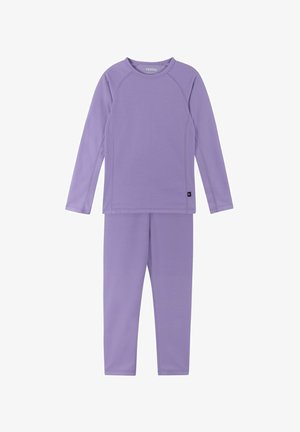Two-piece set consisting of a long-sleeve top and leggings in a light lavender color, made of soft, breathable material with a smooth texture.