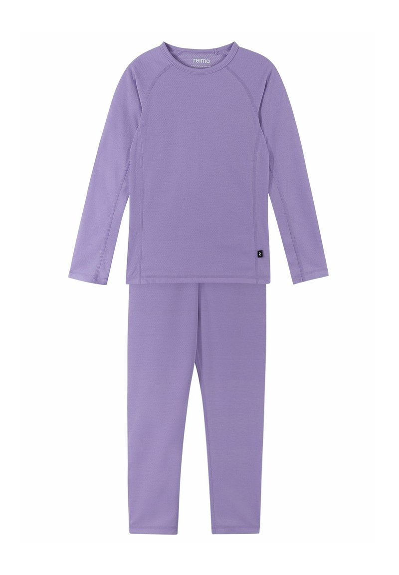 Dwu-elementowy zestaw składający się z bluzki z długim rękawem i legginsów w jasnym odcieniu lawendy, wykonany z miękkiego, oddychającego materiału o gładkiej fakturze.