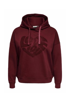 Burgundská mikina s kapucí a velkým texturovaným srdcovým designem, na kterém je nápis "MILUJI TĚ" v tmavých barvách. Obsahuje šňůrku na stažení kapuce a žebrované manžety.