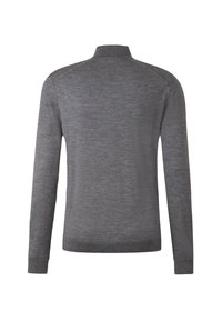 Grauer Pullover mit langen Ärmeln und Mockneck, aus weichem Stoff hergestellt. Verfügt über eine strukturierte Oberfläche und gerippte Bündchen für einen eng anliegenden Sitz.
