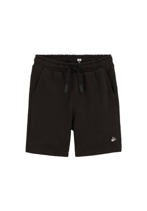 Shorts noirs à taille élastique avec poches avant, cordon de serrage, et petit logo d'oiseau blanc brodé sur la partie inférieure de la jambe gauche.